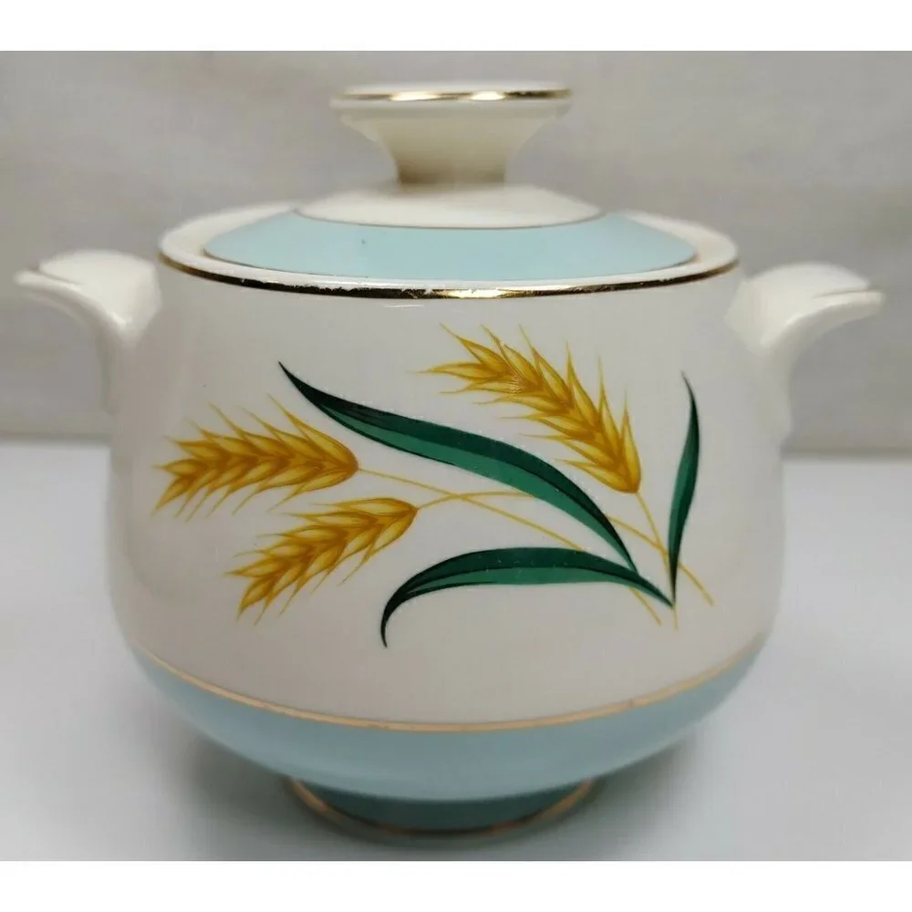 Vintage Blue Viking Wheat Gold Trim Ceramic Sugar Bowl Candle Holder With Lid